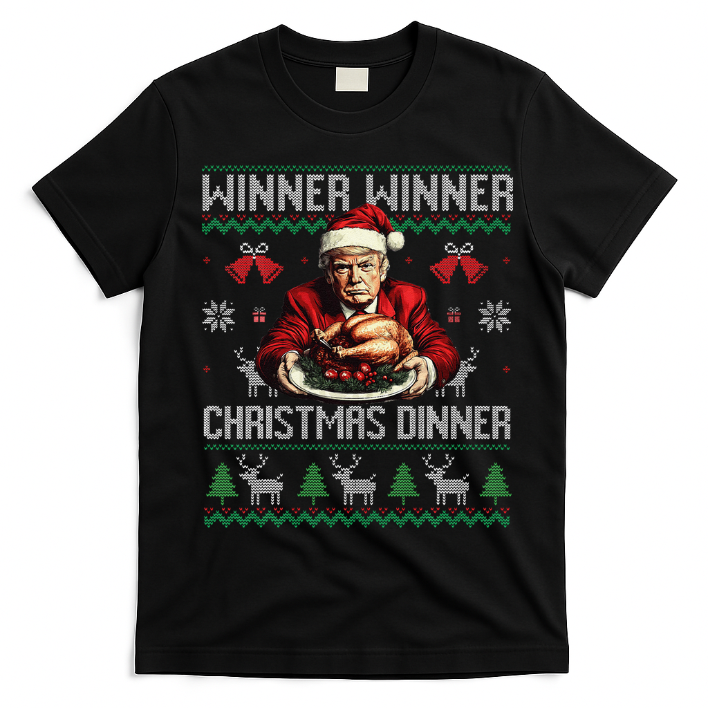 Winner Winner Christmas Dinner Santa Trump Ugly Sweater Xmas T-Shirt - Black