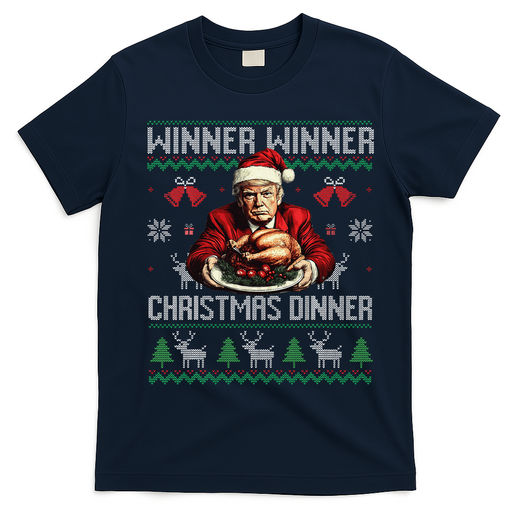 Winner Winner Christmas Dinner Santa Trump Ugly Sweater Xmas T-Shirt - Navy Blue