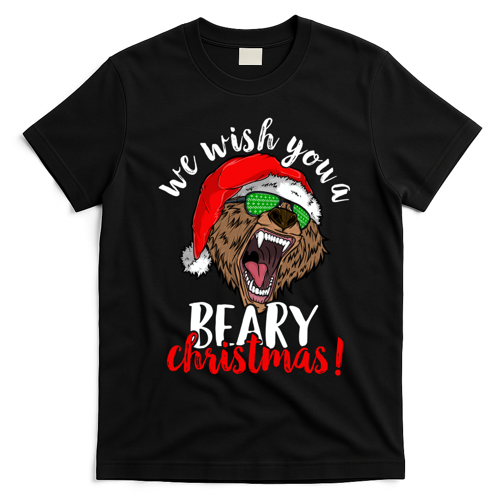 We Wish You A Beary Christmas Santa Bear Xmas Sunglasses Gift T-Shirt - Black