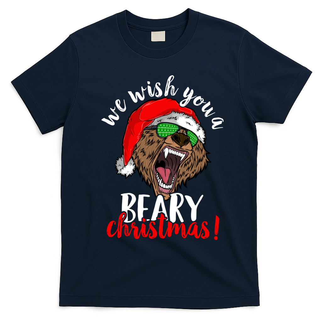 We Wish You A Beary Christmas Santa Bear Xmas Sunglasses Gift T-Shirt - Navy Blue