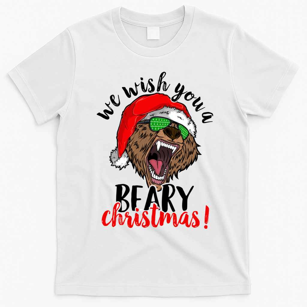 We Wish You A Beary Christmas Santa Bear Xmas Sunglasses Gift T-Shirt - White