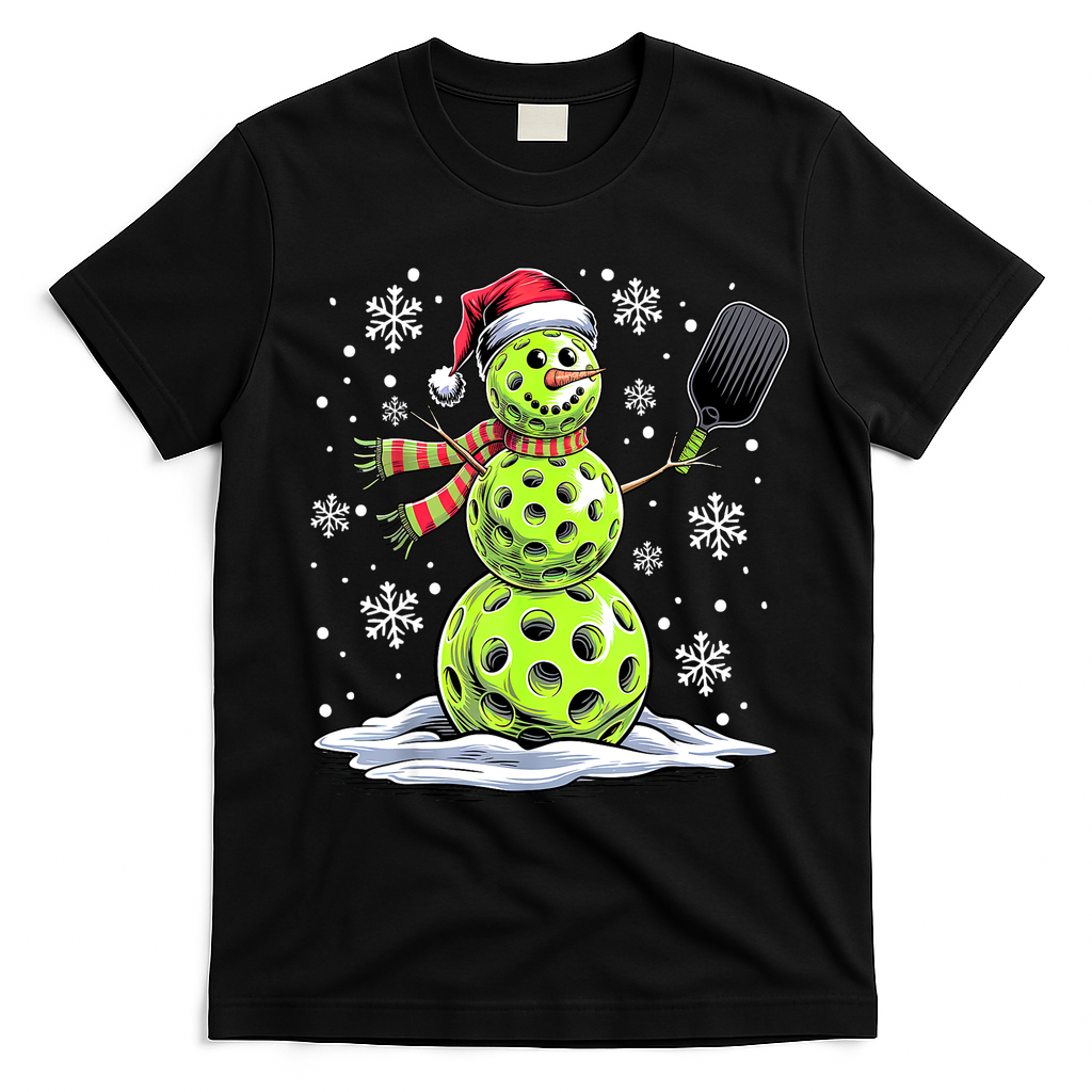 Xmas Funny Pickleball Snowman Player Santa Hat Christmas Gift T-Shirt - Black