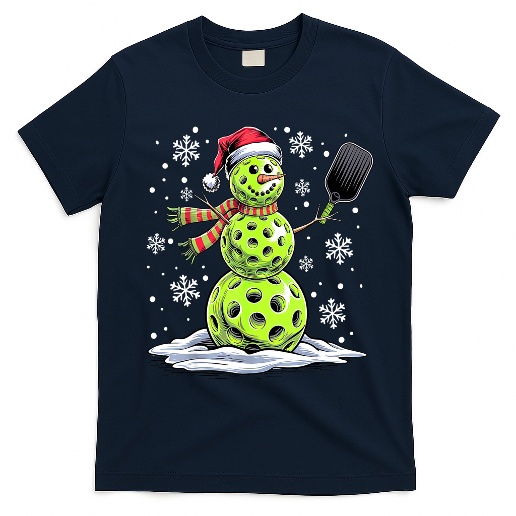 Xmas Funny Pickleball Snowman Player Santa Hat Christmas Gift T-Shirt - Navy Blue