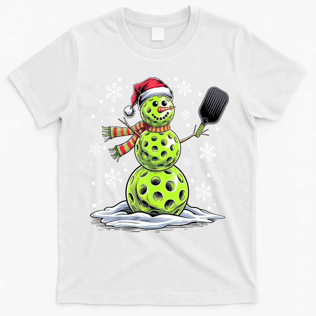 Xmas Funny Pickleball Snowman Player Santa Hat Christmas Gift T-Shirt - White