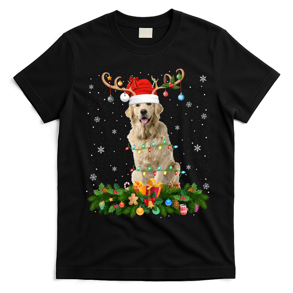 Xmas Holiday Reindeer Santa Golden Retriever Dog Christmas Meaningful Gift T-Shirt - Black