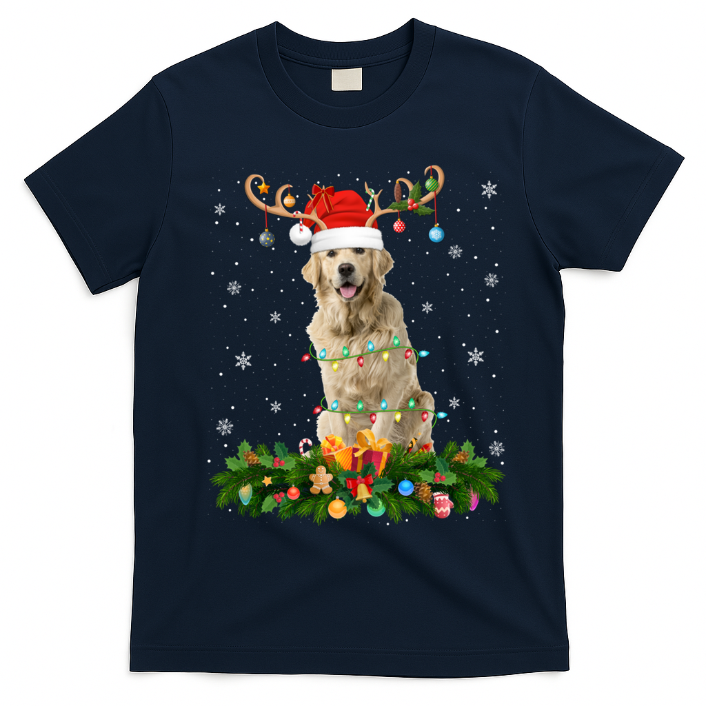 Xmas Holiday Reindeer Santa Golden Retriever Dog Christmas Meaningful Gift T-Shirt - Navy Blue