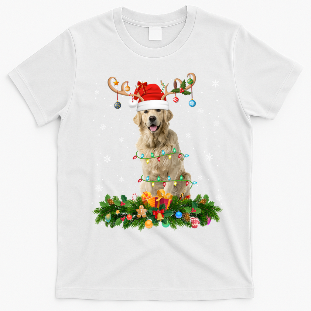 Xmas Holiday Reindeer Santa Golden Retriever Dog Christmas Meaningful Gift T-Shirt - White