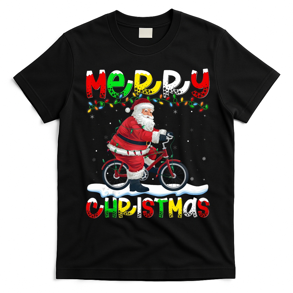 Xmas Lighting Santa Cycling Merry Christmas T-Shirt - Black