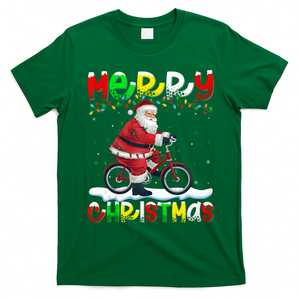 Xmas Lighting Santa Cycling Merry Christmas T-Shirt - Irish Green