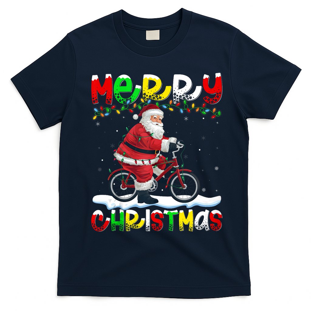 Xmas Lighting Santa Cycling Merry Christmas T-Shirt - Navy Blue