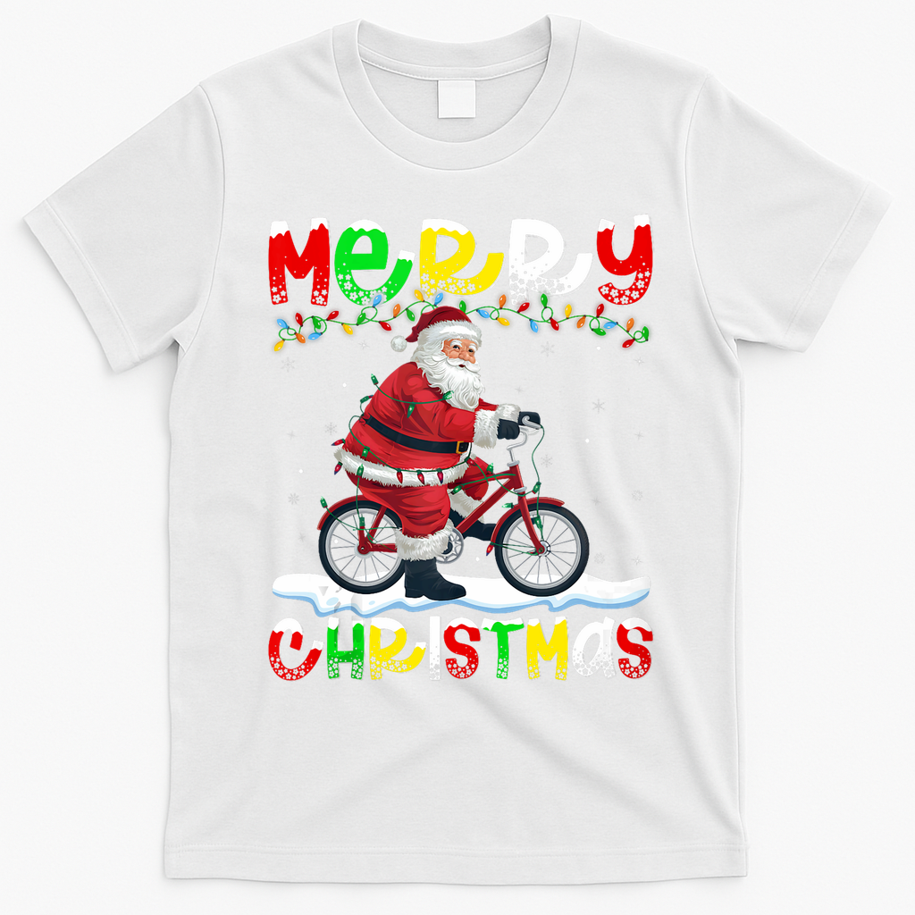 Xmas Lighting Santa Cycling Merry Christmas T-Shirt - White