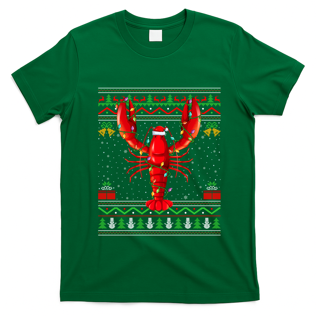 Xmas Lights Ugly Style Santa Lobster Fish Christmas Gift T-Shirt - Irish Green