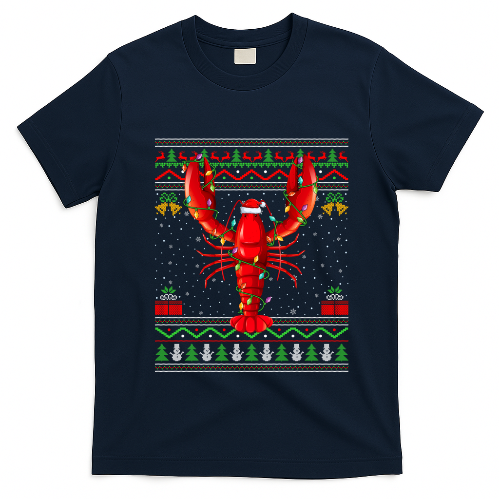Xmas Lights Ugly Style Santa Lobster Fish Christmas Gift T-Shirt - Navy Blue