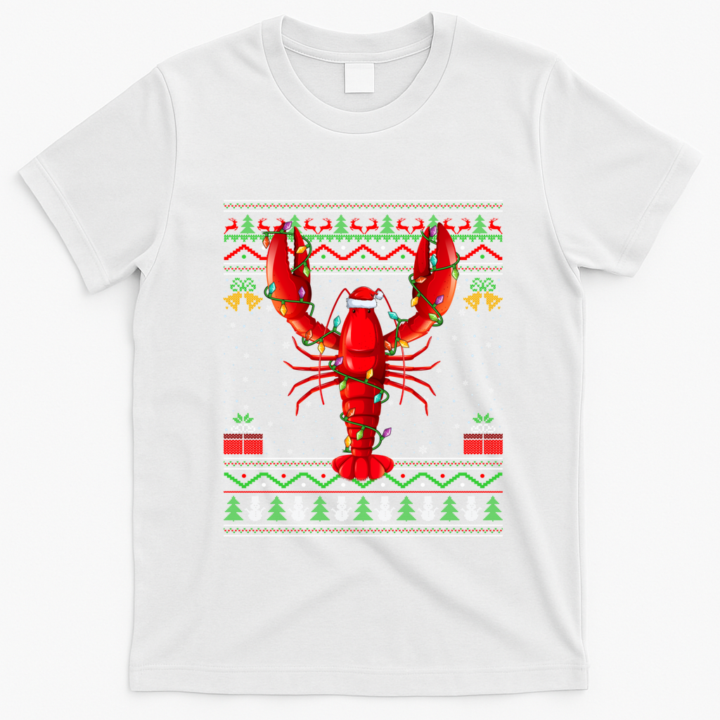 Xmas Lights Ugly Style Santa Lobster Fish Christmas Gift T-Shirt - White