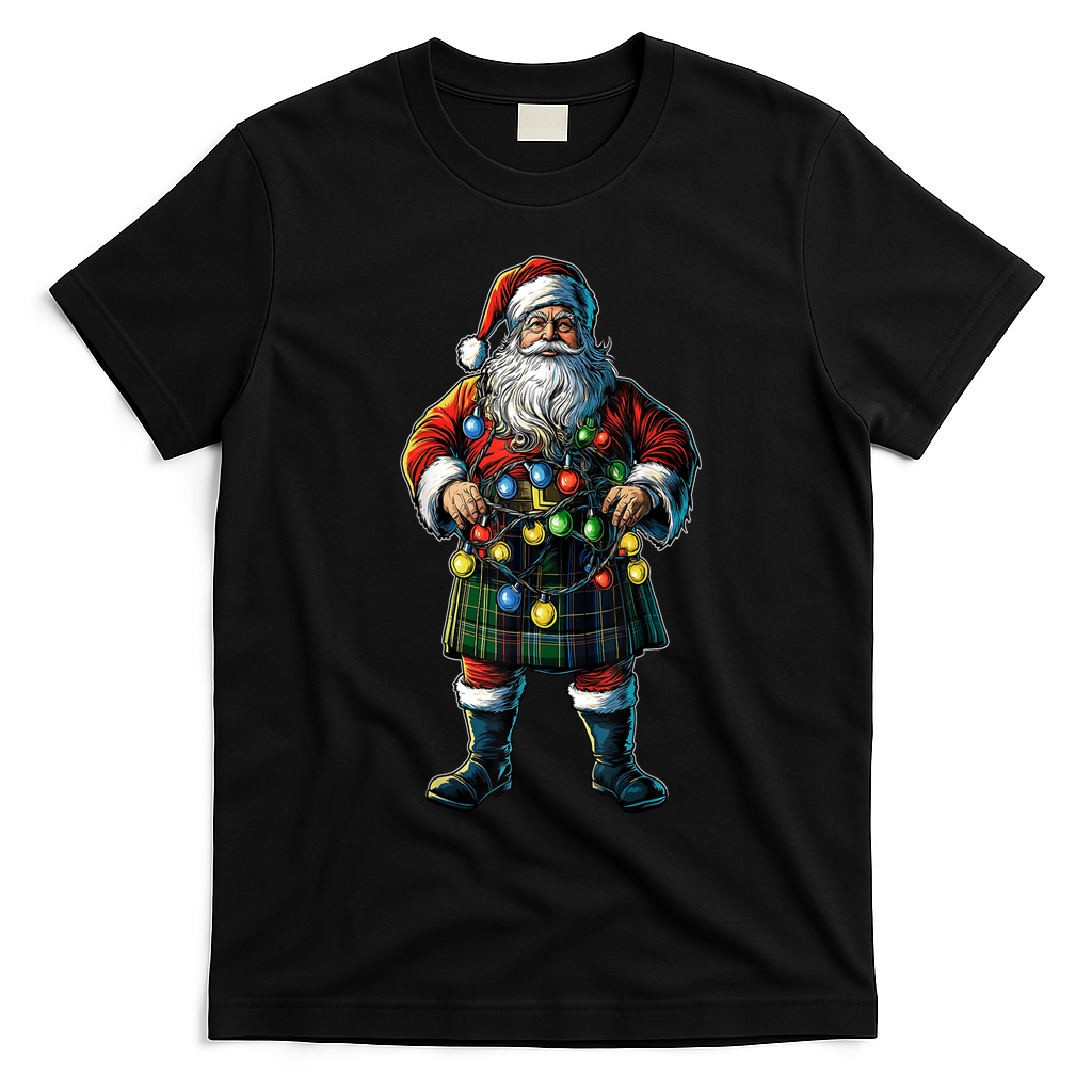 Xmas Santa Claus Hat Scottish Kilt Scotland Christmas Lights Gift T-Shirt - Black