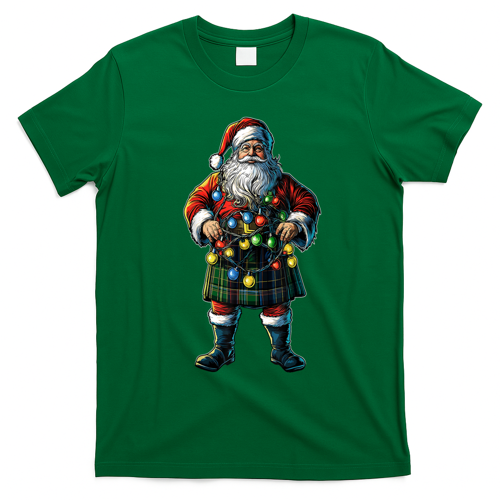 Xmas Santa Claus Hat Scottish Kilt Scotland Christmas Lights Gift T-Shirt - Irish Green