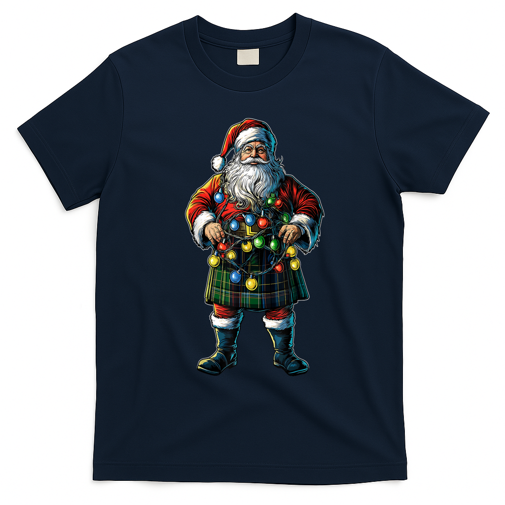 Xmas Santa Claus Hat Scottish Kilt Scotland Christmas Lights Gift T-Shirt - Navy Blue