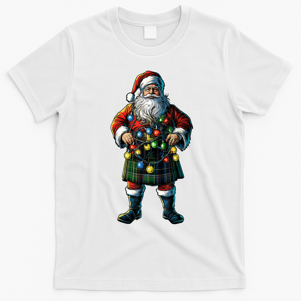 Xmas Santa Claus Hat Scottish Kilt Scotland Christmas Lights Gift T-Shirt - White