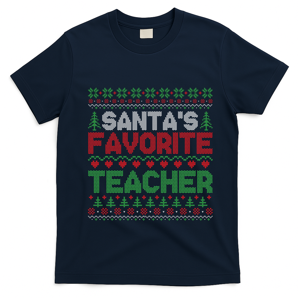 Xmas SantaS Favorite Teacher Funny Ugly Christmas Gift T-Shirt - Navy Blue