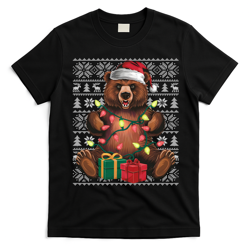Xmas Style Ugly Santa Hat Grizzly Bear Christmas Gift T-Shirt - Black