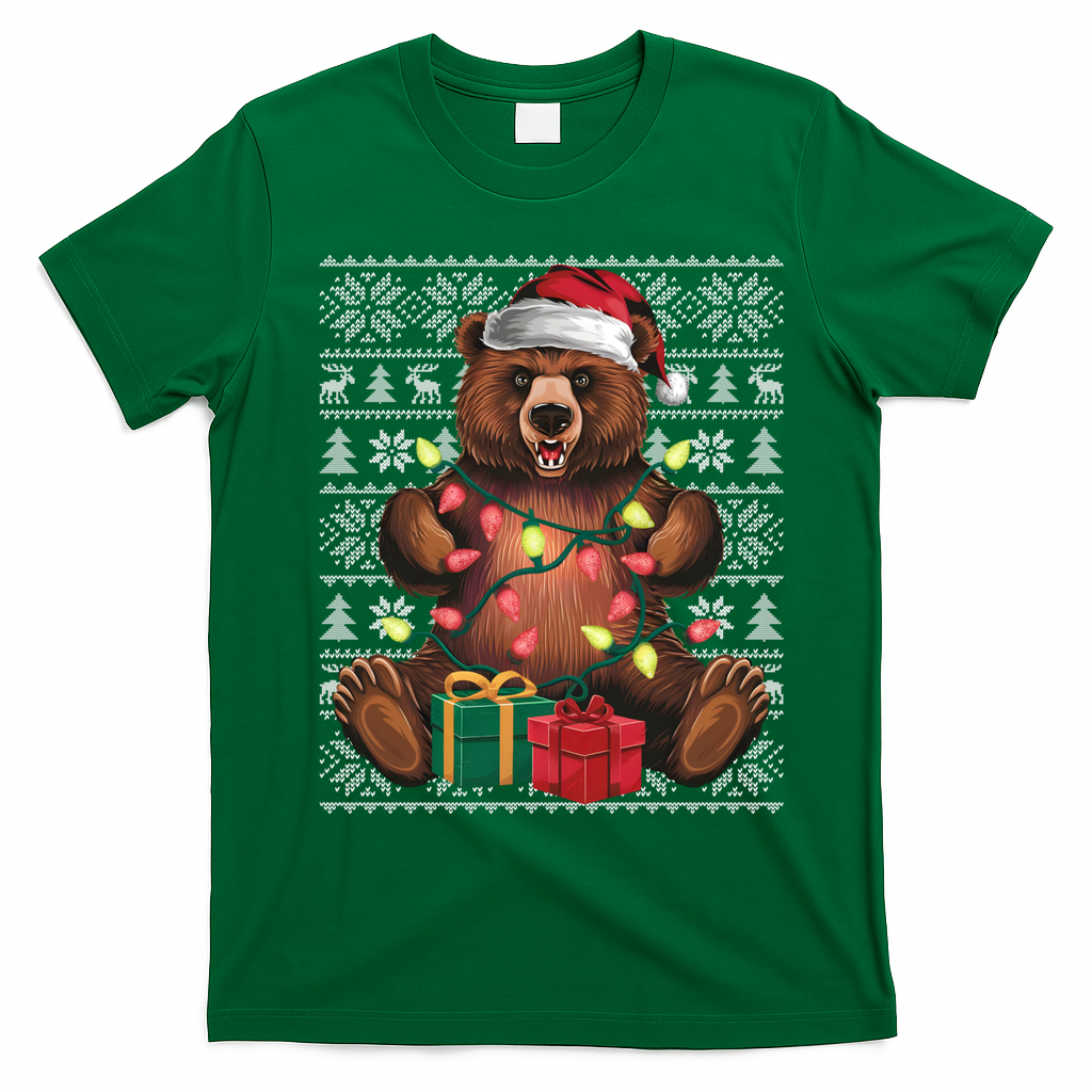 Xmas Style Ugly Santa Hat Grizzly Bear Christmas Gift T-Shirt - Irish Green