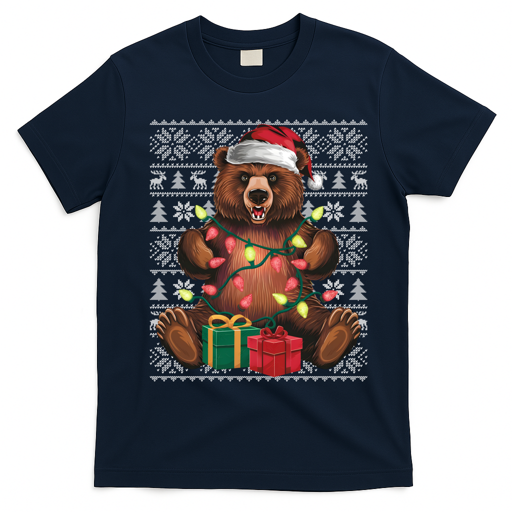 Xmas Style Ugly Santa Hat Grizzly Bear Christmas Gift T-Shirt - Navy Blue