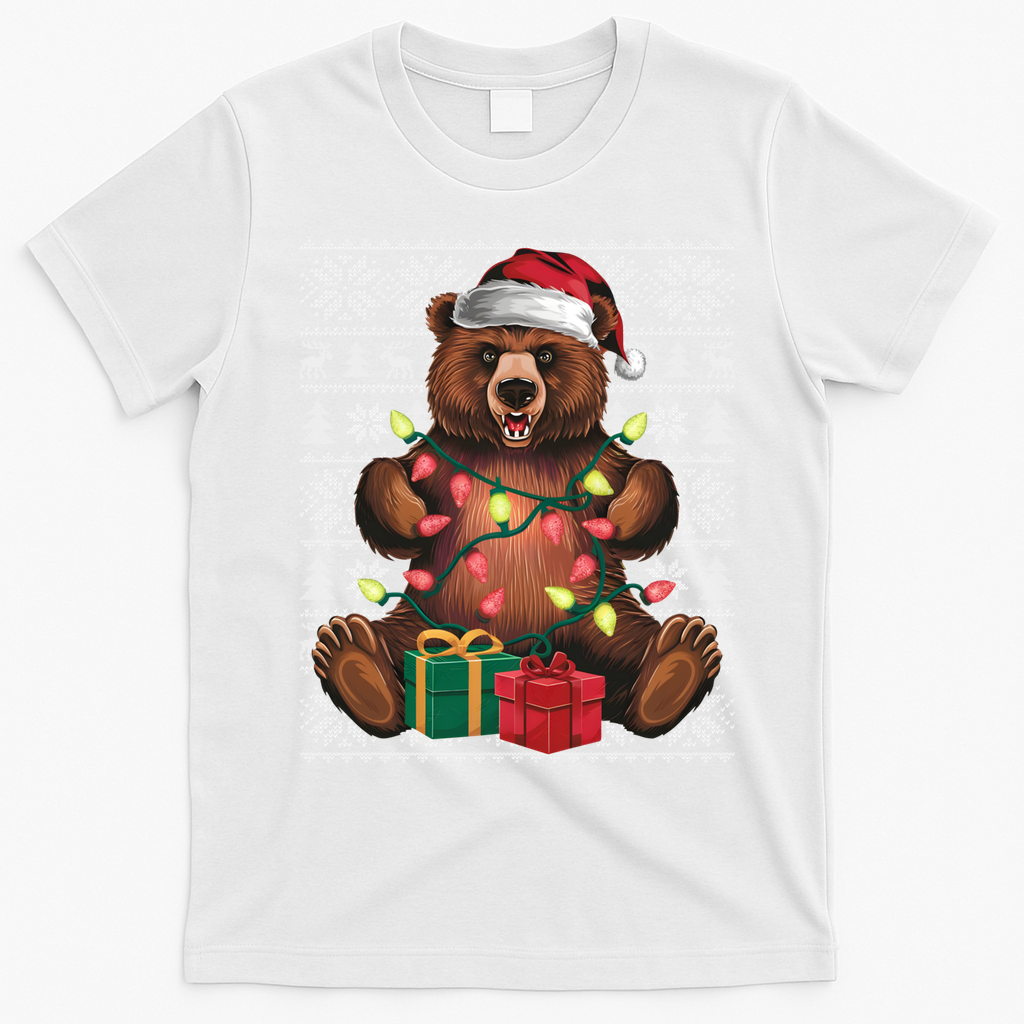 Xmas Style Ugly Santa Hat Grizzly Bear Christmas Gift T-Shirt - White