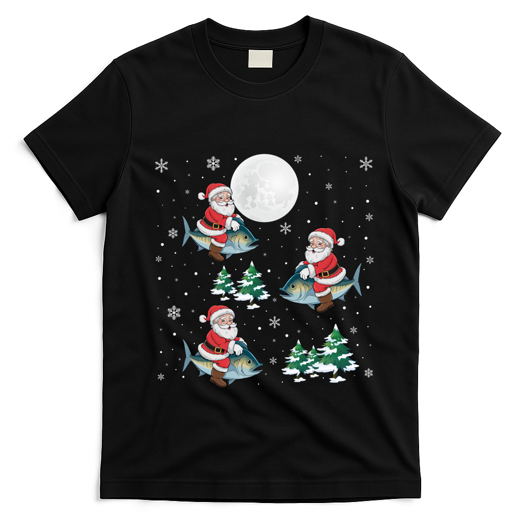 Xmas Tree Santa Riding Mahi Mahi Fish Funny Christmas Great Gift T-Shirt - Black