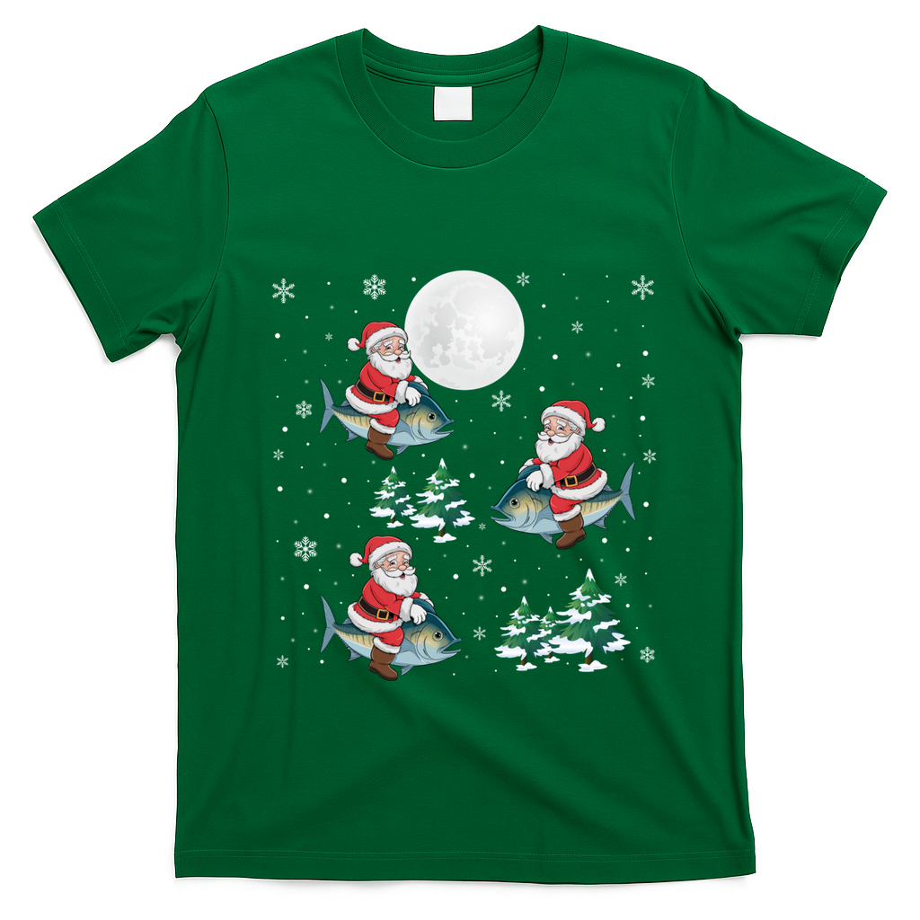 Xmas Tree Santa Riding Mahi Mahi Fish Funny Christmas Great Gift T-Shirt - Irish Green