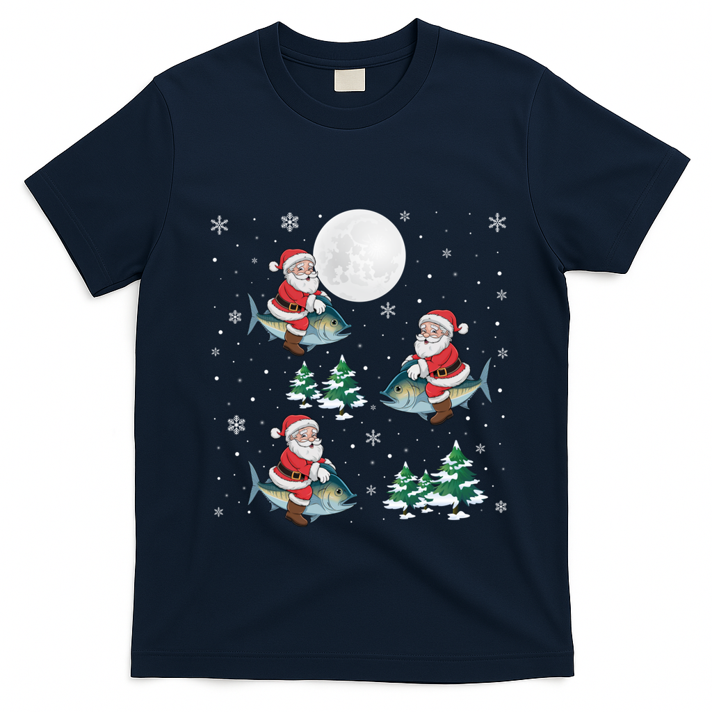 Xmas Tree Santa Riding Mahi Mahi Fish Funny Christmas Great Gift T-Shirt - Navy Blue