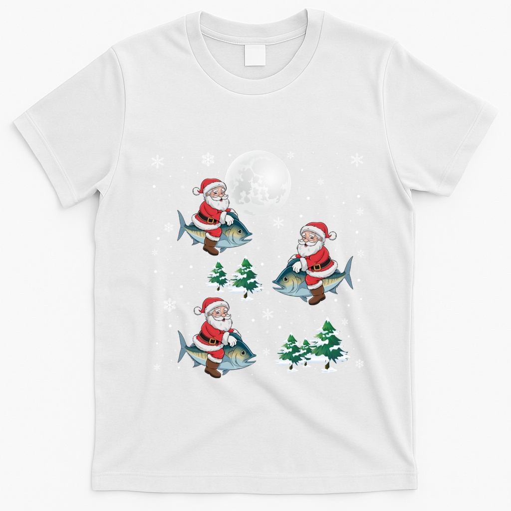 Xmas Tree Santa Riding Mahi Mahi Fish Funny Christmas Great Gift T-Shirt - White