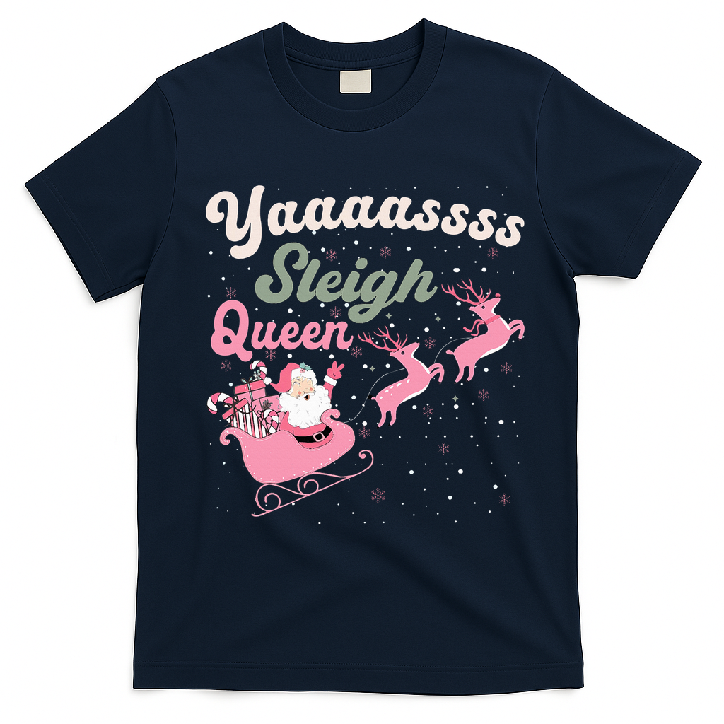 Yaaasss Sleigh Queen Sleigh Girl Matching Christmas Pajamas T-Shirt - Navy Blue