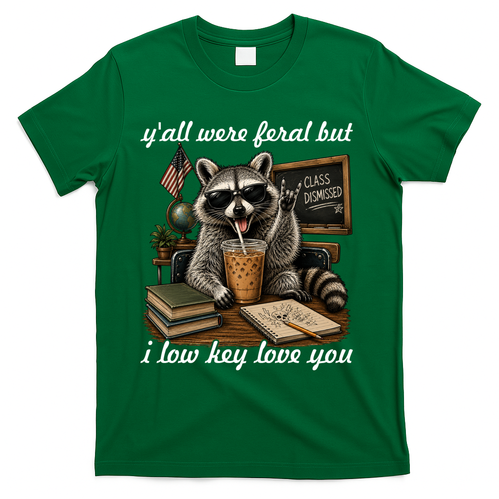 Yall Were Feral But I Low Key Love You Funny Raccoon T-Shirt - Green