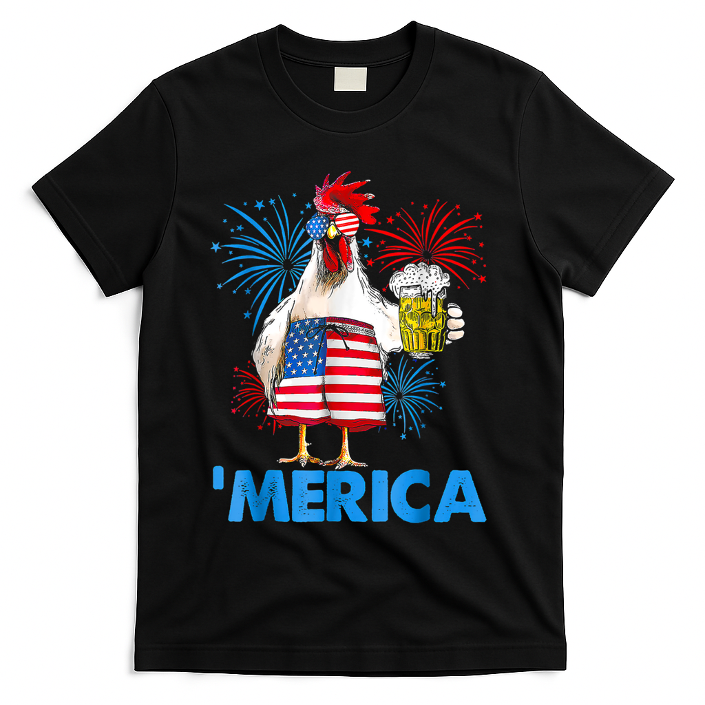 Funny Merica Chicken Beer Drinking 4th Of July Patriotic. T-Shirt