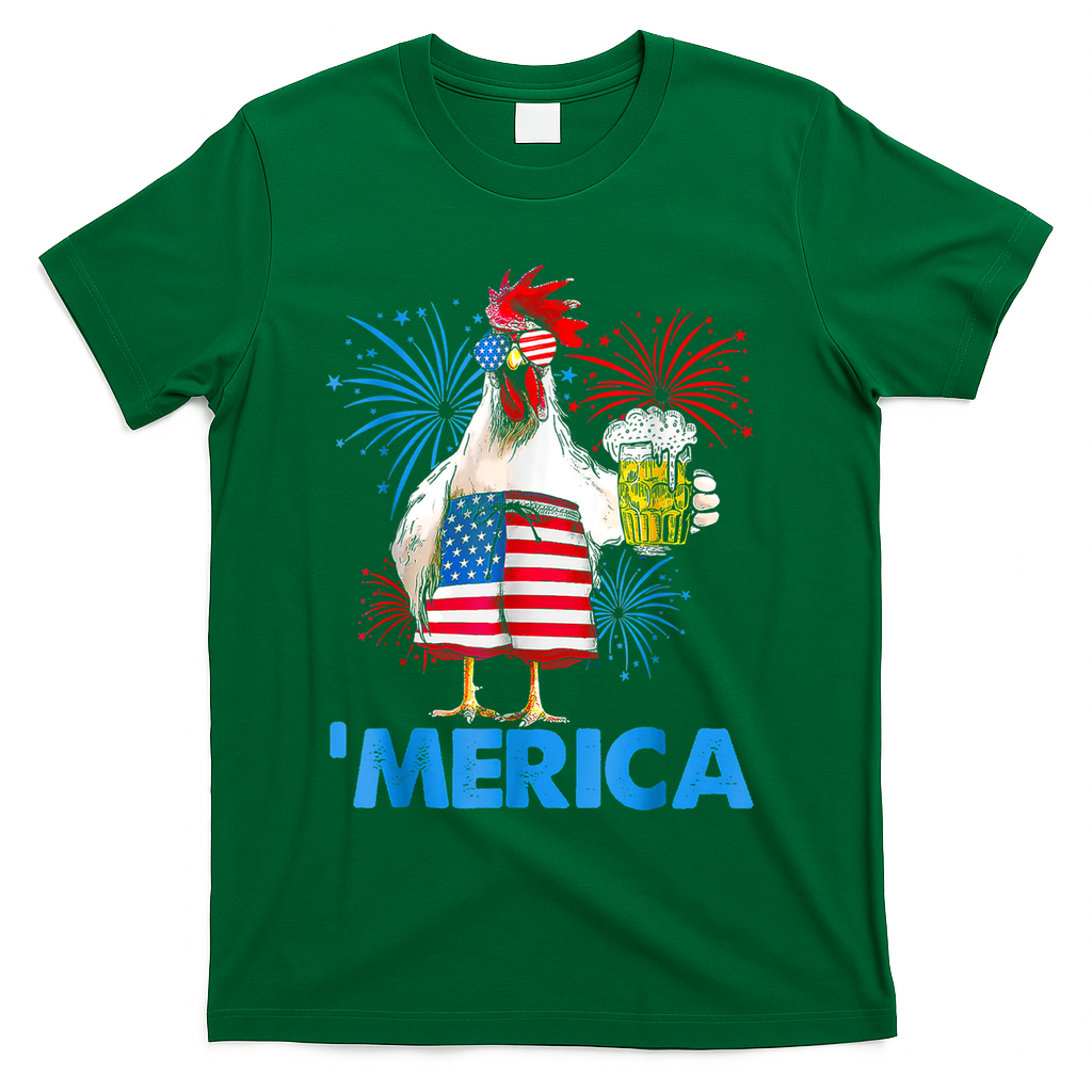Funny Merica Chicken Beer Drinking 4th Of July Patriotic. T-Shirt