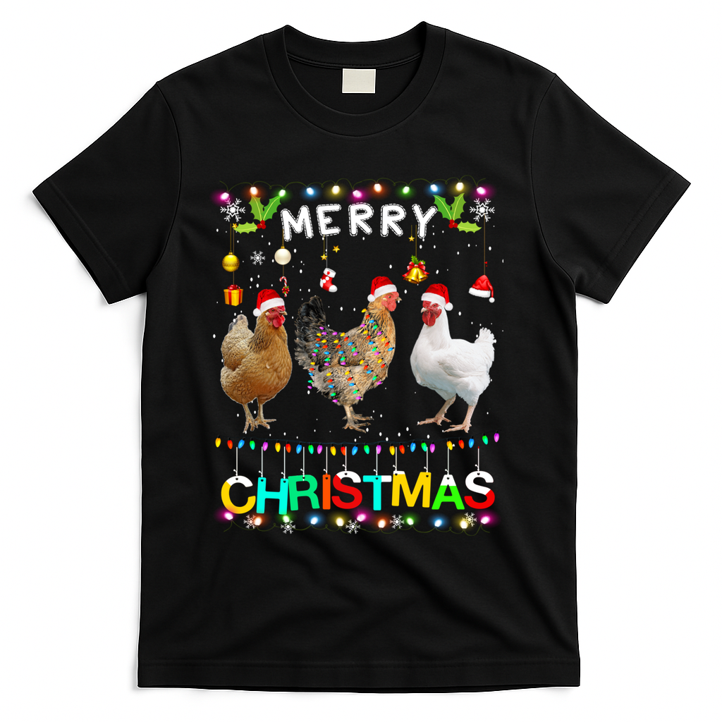 Merry Christmas Chicken Santa Hat Lights Xmas Funny Long Sleeve T T-Shirt