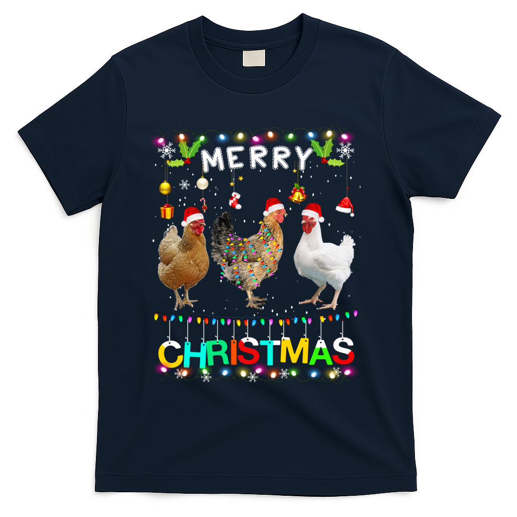 Merry Christmas Chicken Santa Hat Lights Xmas Funny Long Sleeve T T-Shirt