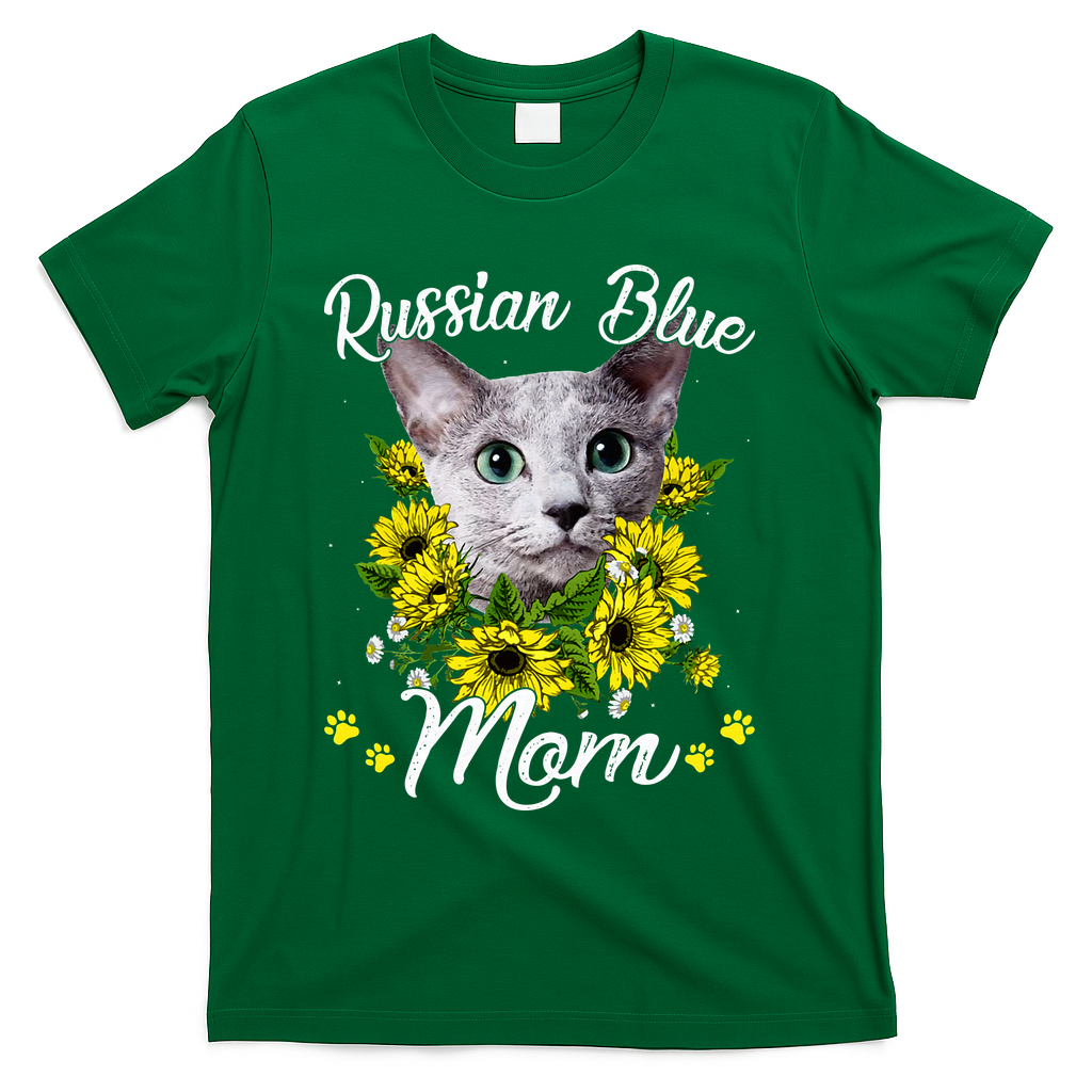 Womens Cat Mom Mother's Day Kitten Sunflower Russian Blue Mom T-Shirt
