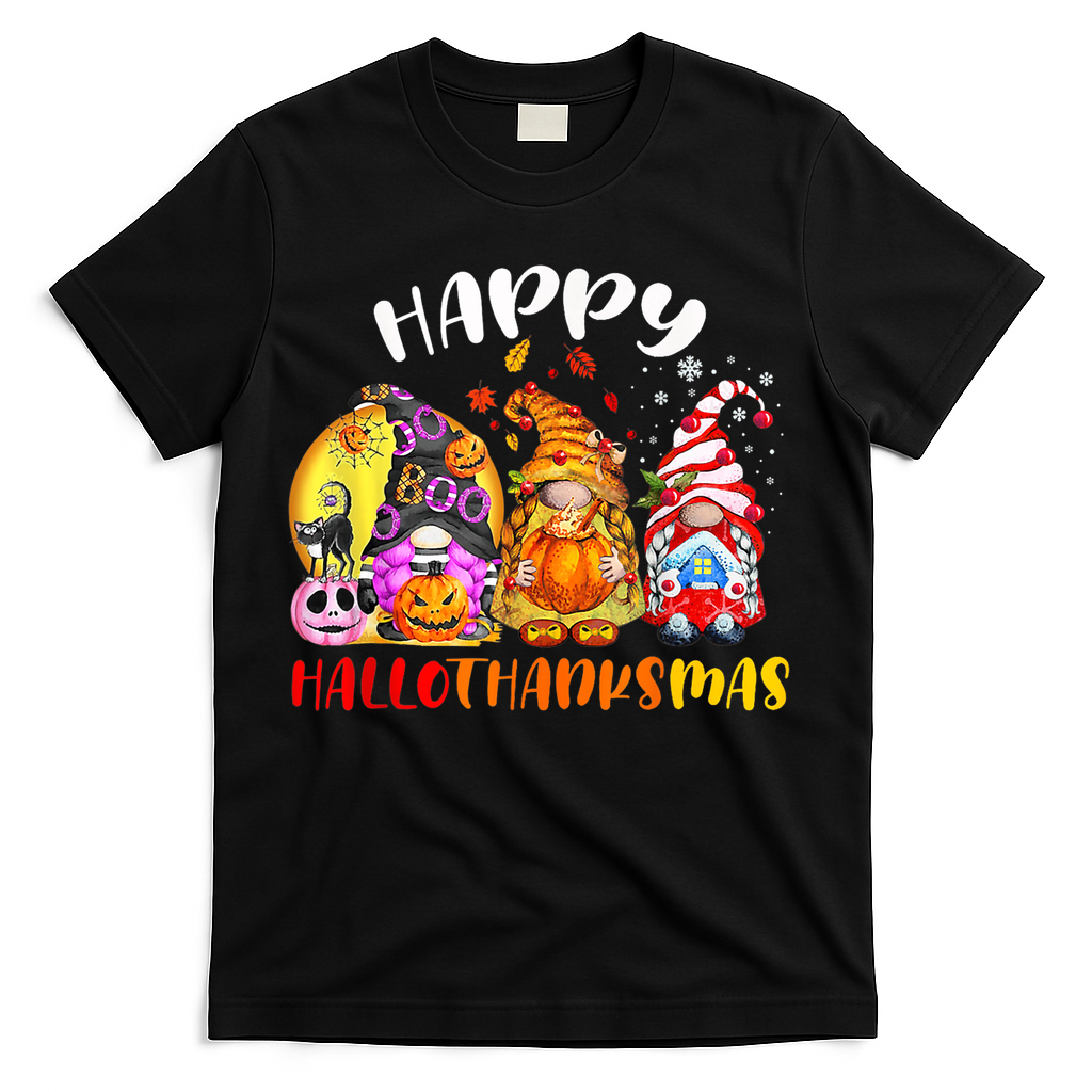 Halloween Thanksgiving Christmas Happy HalloThanksMas Gnomes T-Shirt