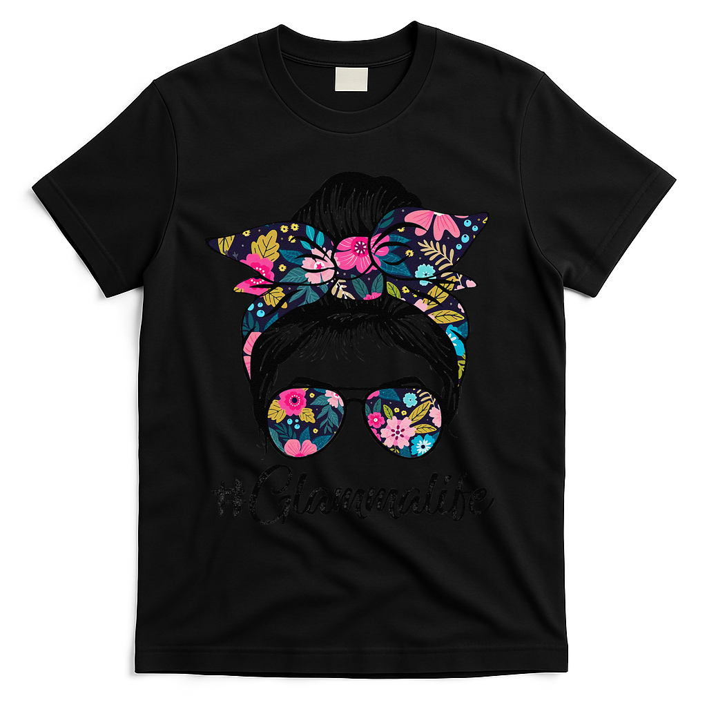 Glamma Life Messy Hair Bun Floral Women Mother's Day T-Shirt