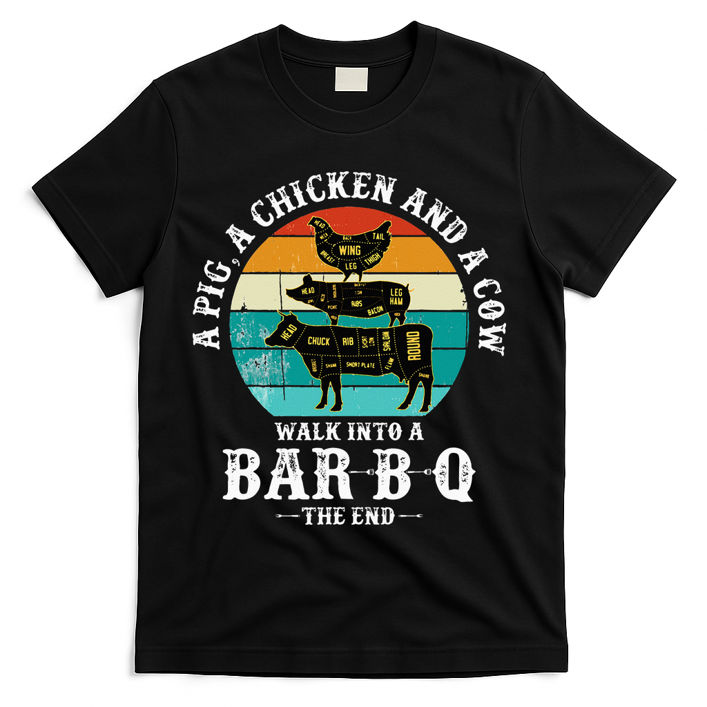 Funny BBQ DAD A Pig A Chicken And A Cow Walk into a BarBQ T-Shirt
