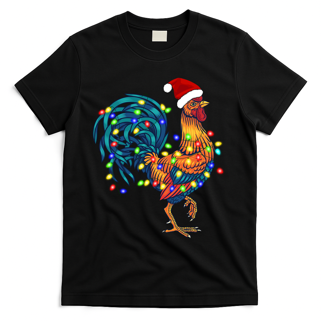 Funny Rooster Chicken Christmas Lights Pajama Farmer Funny Gift T-Shirt