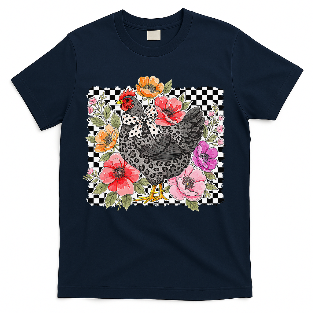 Checkered Flower Chicken Hen Lover Wildflower Chicken Mama T-Shirt