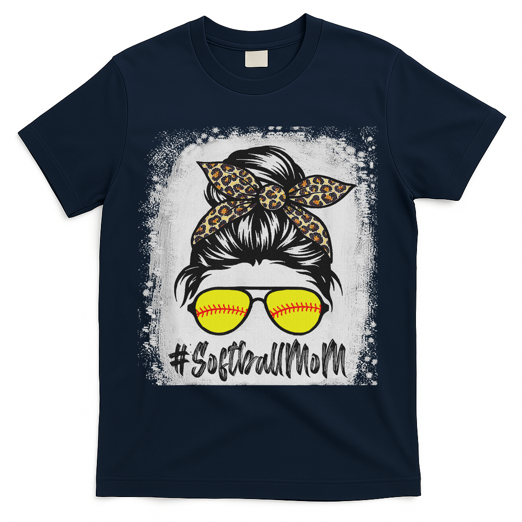Bleached Softball Mom Life With Leopard And Messy Bun Player T-Shirt
