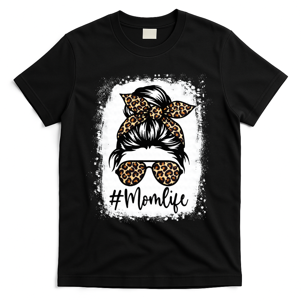 Women Mom Life Bleached Mom Life Leopard Messy Bun T-Shirt