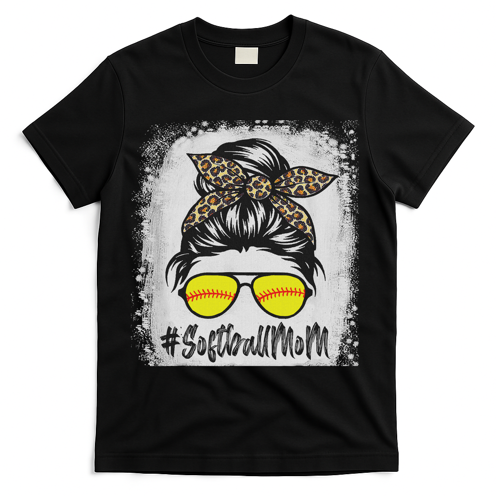 Bleached Softball Mom Life With Leopard And Messy Bun Player T-Shirt